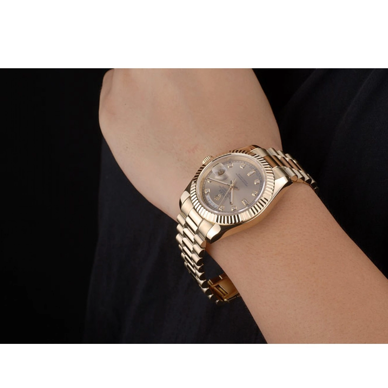 Aaa fake watches Rolex 41979 Ribbed Gold Goldish Bezel Stainless Steel Dial DayDate 0806